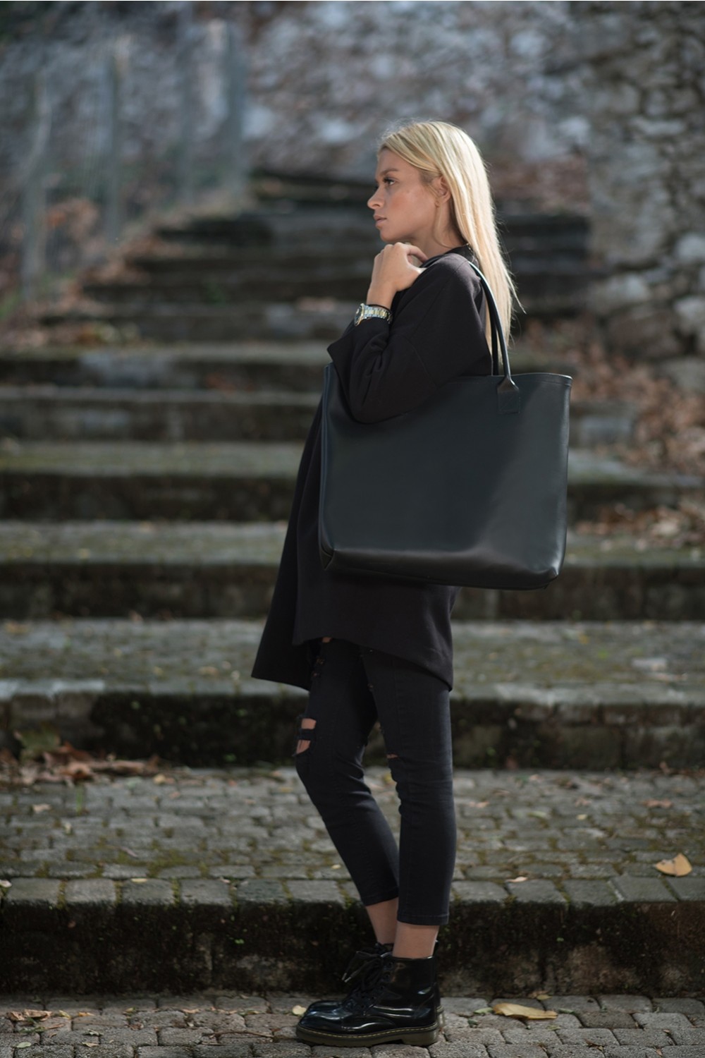 HANDMADE LEATHER BLACK SHOPPING BAG