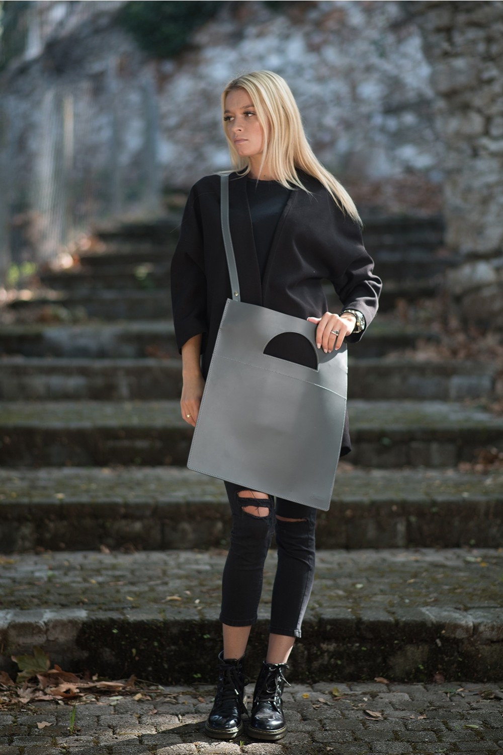 HANDMADE LEATHER GREY TOTE BAG