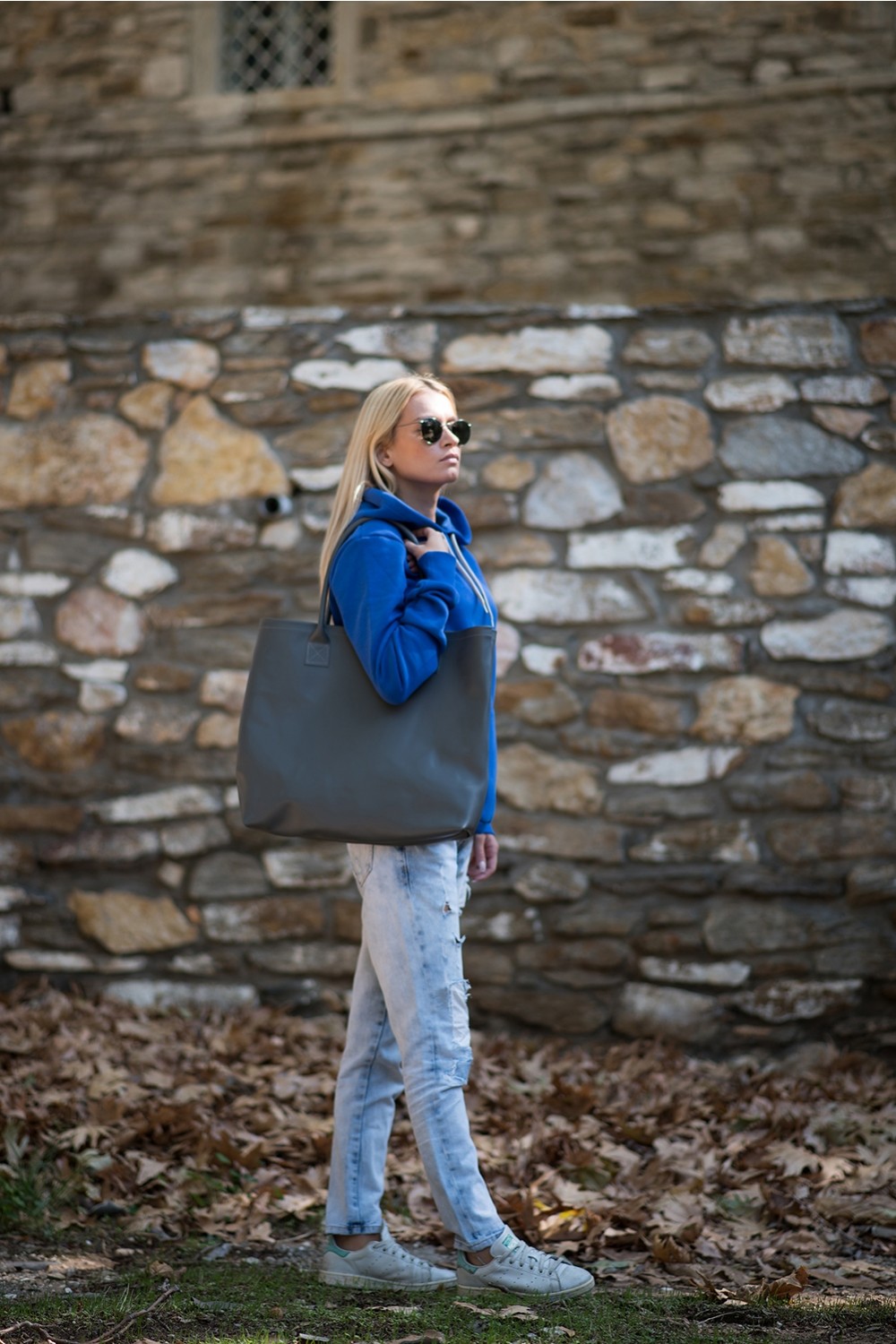 HANDMADE LEATHER GREY SHOPPING BAG