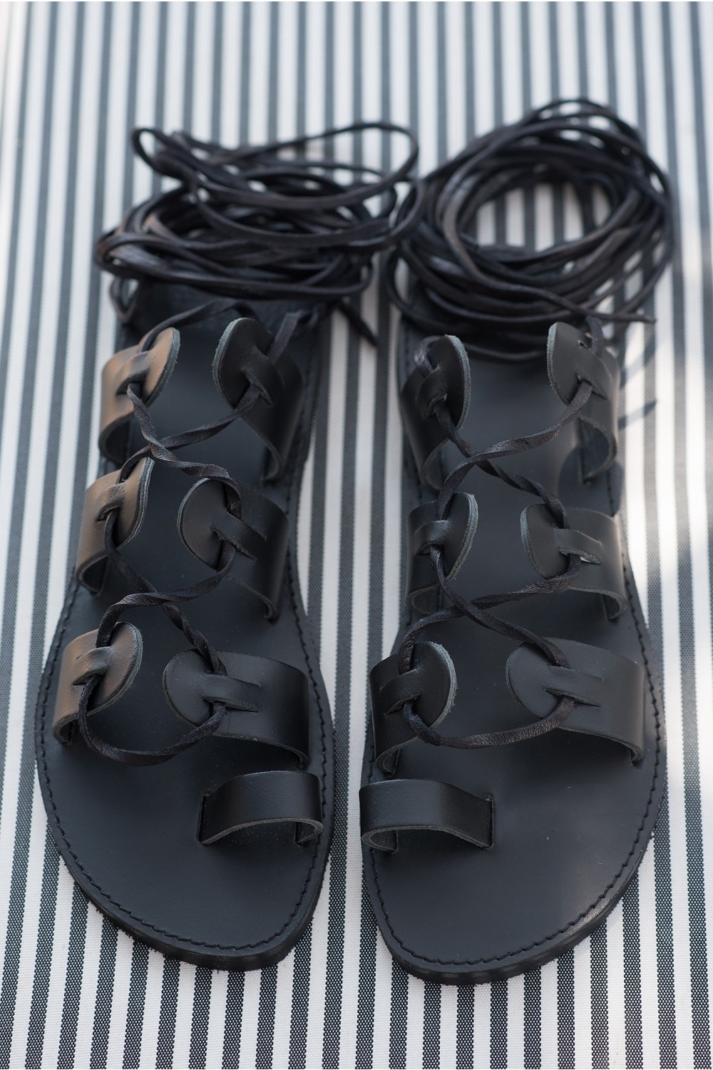 WOMEN'S LEATHER SANDALS "LACE UP" BLACK